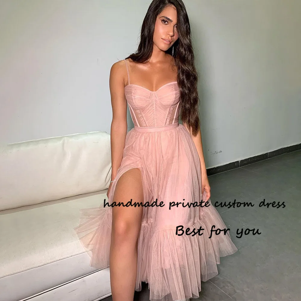 

Light Pink Tulle A Line Prom Party Dresses Spaghetti Straps Sweetheart Evening Dress with Slit Long Women Formal Gowns