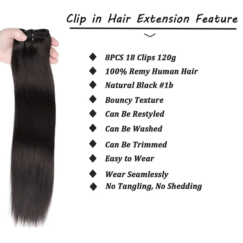 DHIPP-16Inch Clip In Extensions Human-Hair Clip Straight Hair Extensions Seamless Skin Weft Clip-On Hair Pieces Easy To Use