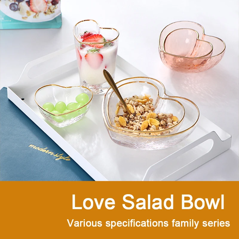 (Can Engrave Logo) Glass Salad Bowl With Gold Rim And Love Heart, Used For Desserts, Ice Cream, Large Household Fruit Plates