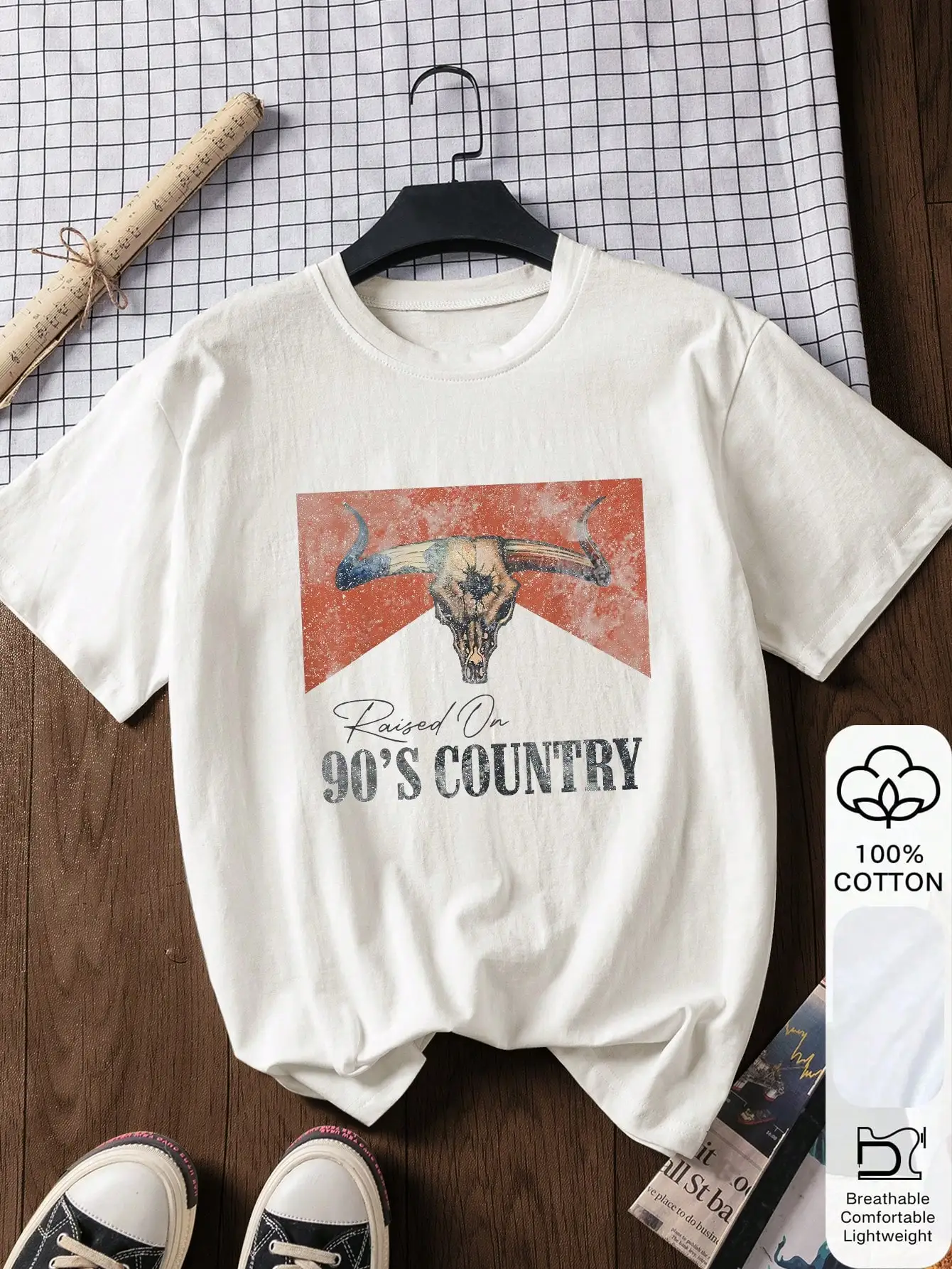 

Футболка из 100% хлопка с принтом «Raised On 90's Country Bull Skull», повседневная летняя футболка с графическим рисунком