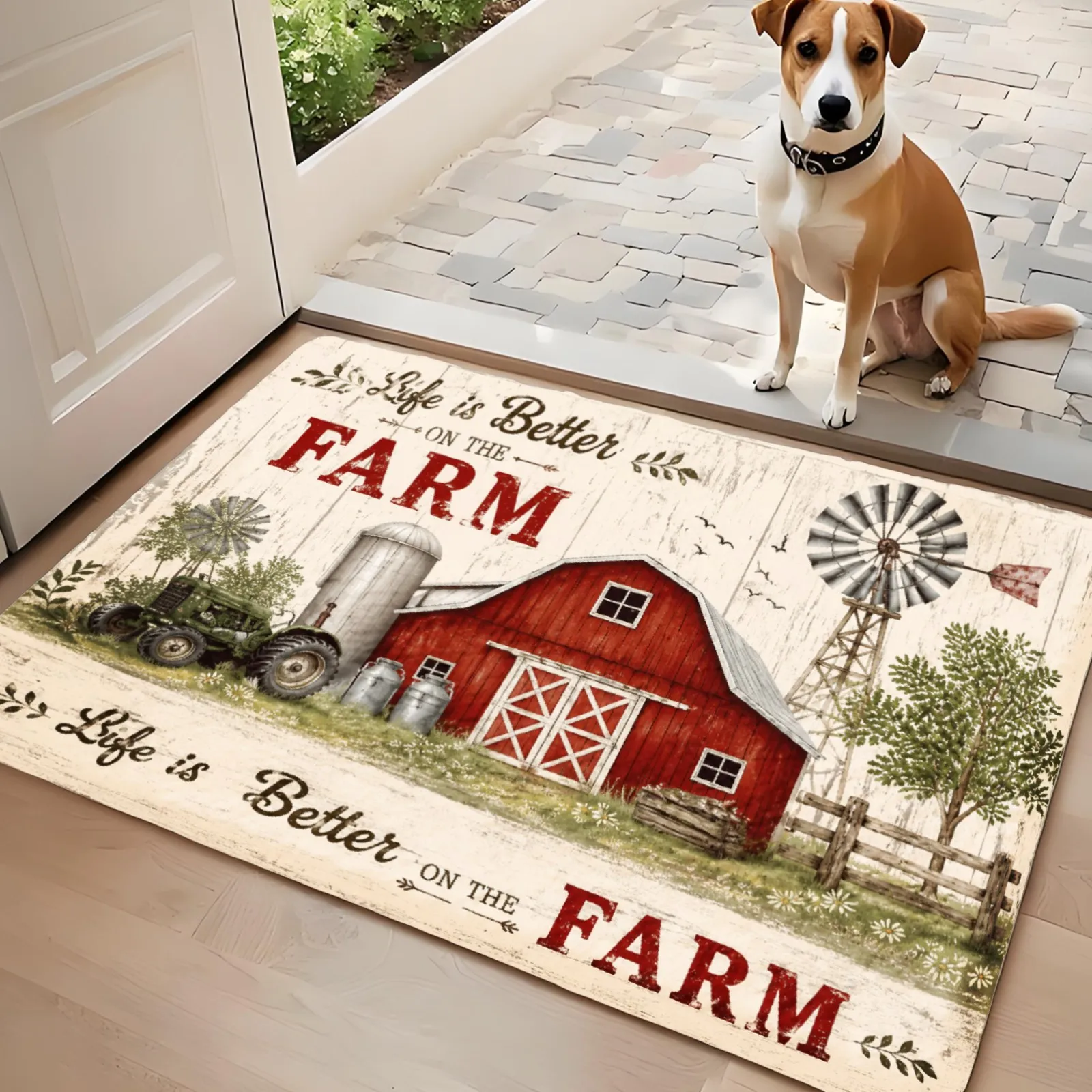 3PCS Kitchen Rugs,Home Decoration for Front Door, Kitchen, Bathroom, Farm House Red Barn Windmill Trees Dining Mat