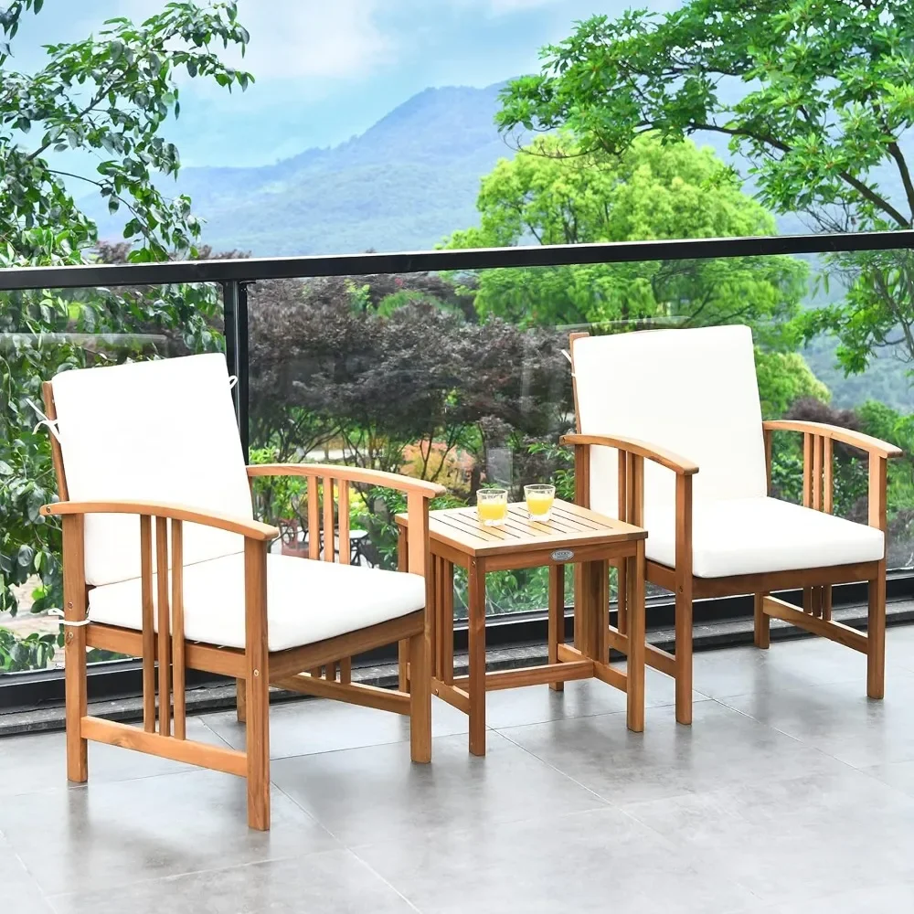 3 Pieces Patio Furniture Set, Includes Set of 2 Outdoor Acacia Wood Cushioned Chairs and Coffee Table，Patio Set