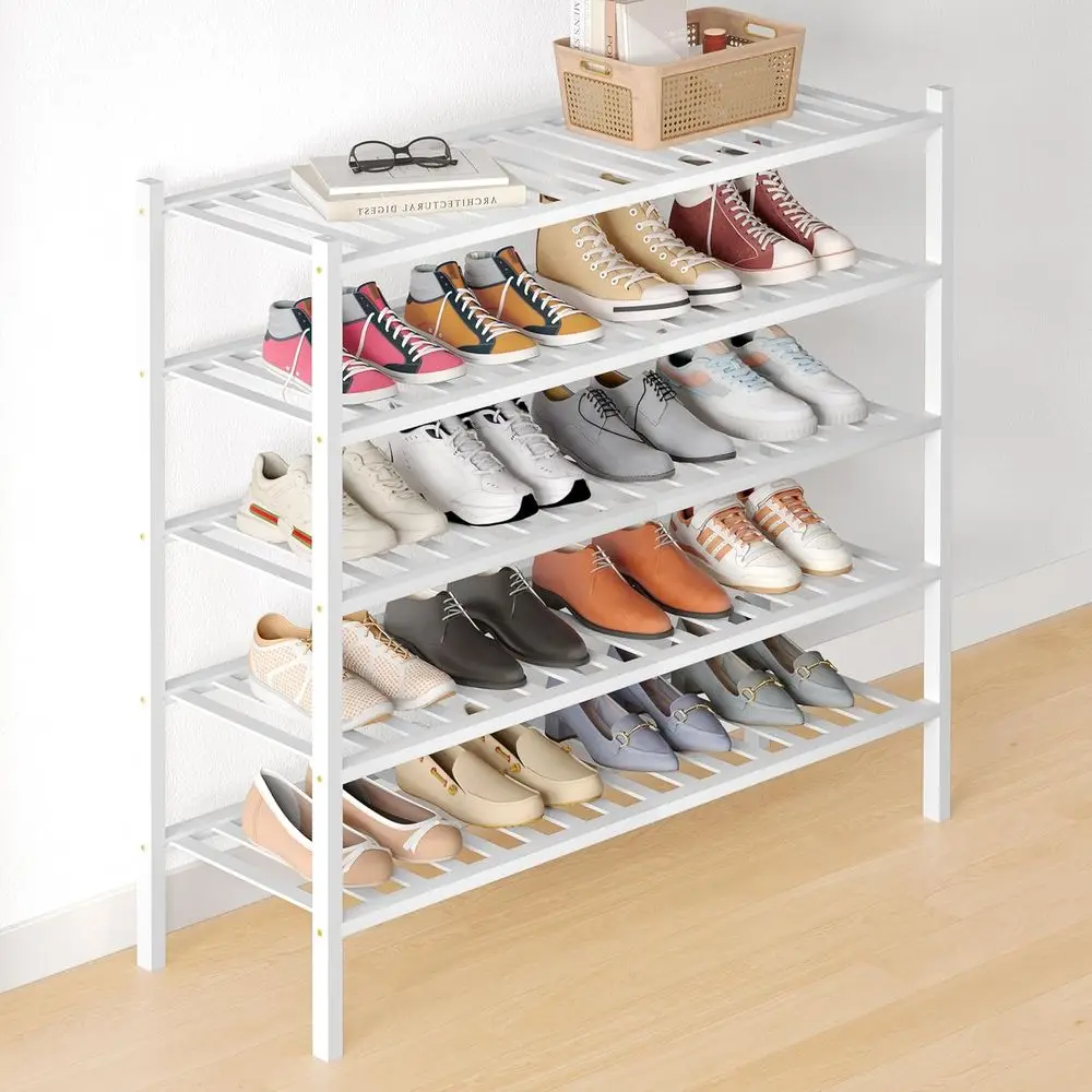 

5-Tier Stackable Wooden Shoe Rack Organizer, Free Standing Storage Shelf for Closet, Entryway, White