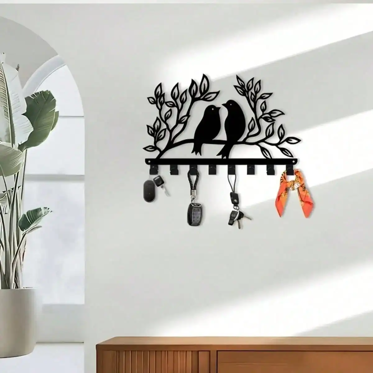 Metal Bird Hook Wall Art, 8 Hooks for Hats Coats Keys, Nature Entryway Decor