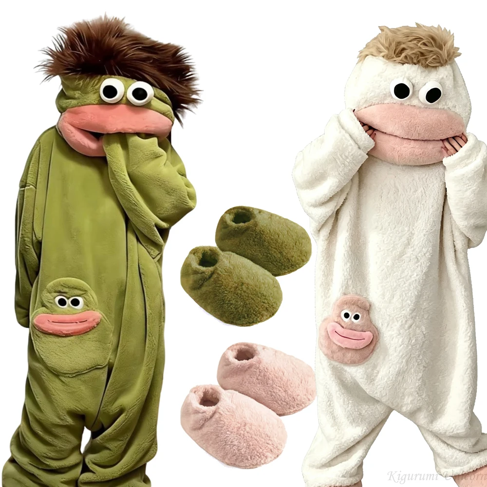 Big Mouth Monster Cute Funny Onesie Kigurumi Unicorn Pajamas Coral Fleece Homewear For Couples Men Women Winter Cartoon Slipper