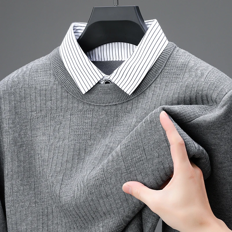 

Оригинальный дизайн, мужская рубашка с воротником из двух предметов, осень-зима, Новое поступление, утепленный шерстяной трикотаж на флисовой подкладке, модная мужская одежда