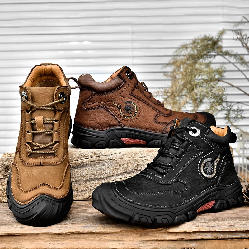 HIKEUP-zapatos para caminar para hombre, al aire libre Botas de senderismo, de cuero de vaca genuino, a la moda, suela antideslizante, zapatillas