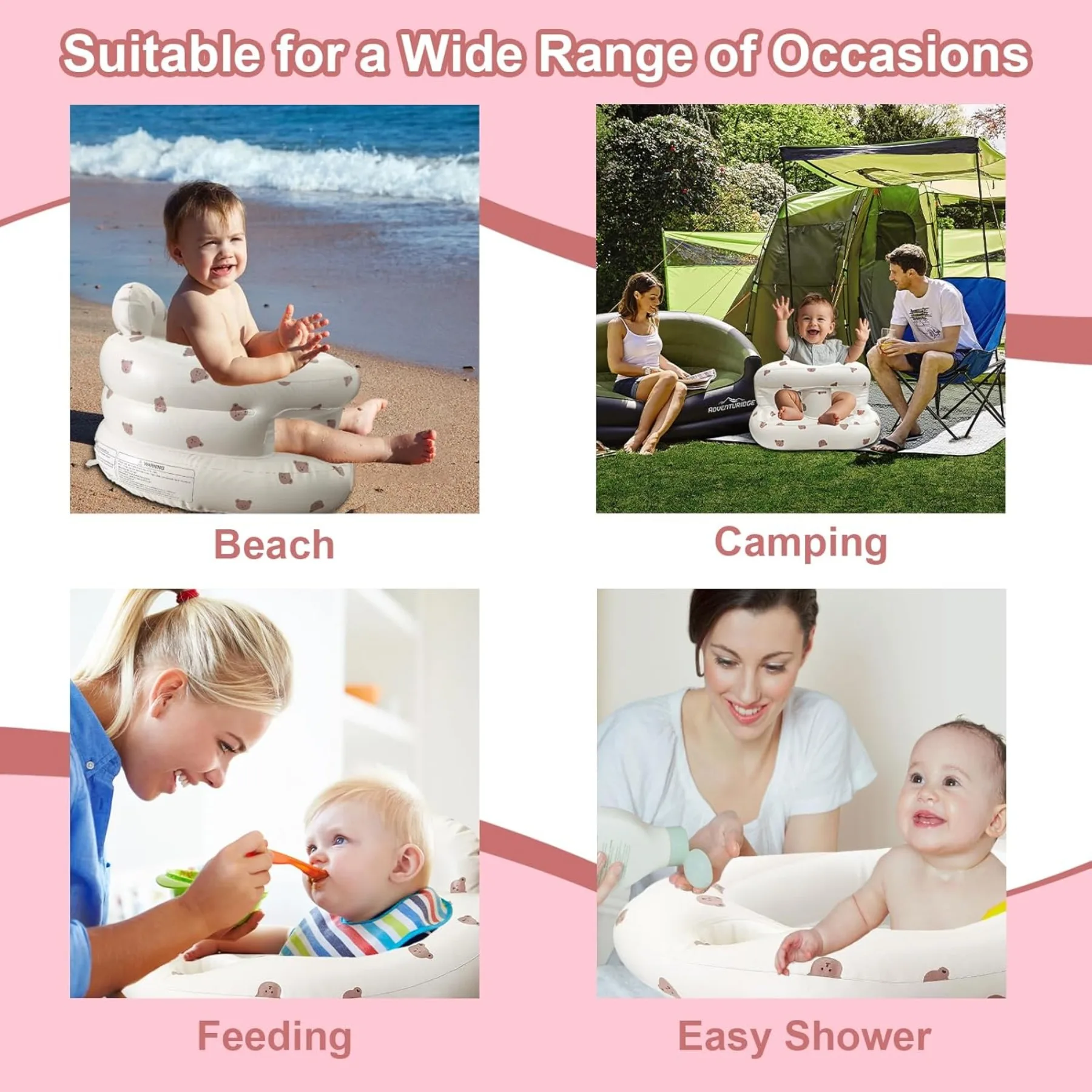 Inflatable Baby Seat 3-36M, Portable Blow-Up Chair with Fence, Air Pump & Back Support, Bear Style for Home Travel image 6
