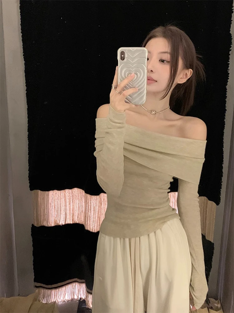 

Shoulder Bared Knitted Long Sleeve Women's T-Shirt Base Layer Shirt Spring Autumn Winter Fashion Casual Style Commute Style