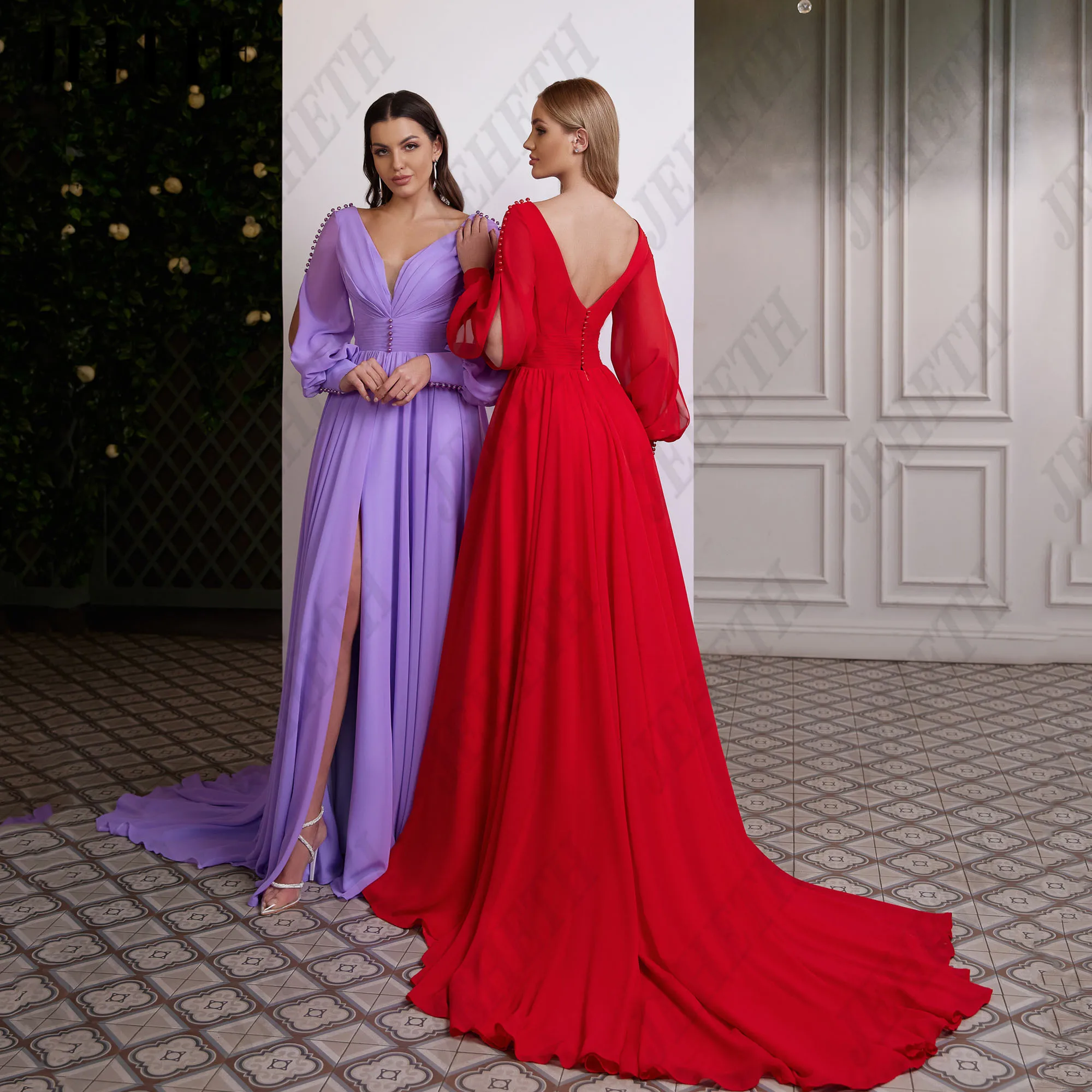 

JEHETH A-Line Long Prom Dresses V Neck Chiffon Full Puff Sleeves Slit Evening Party Dress Customized فساتين للمناسبات الخاصة