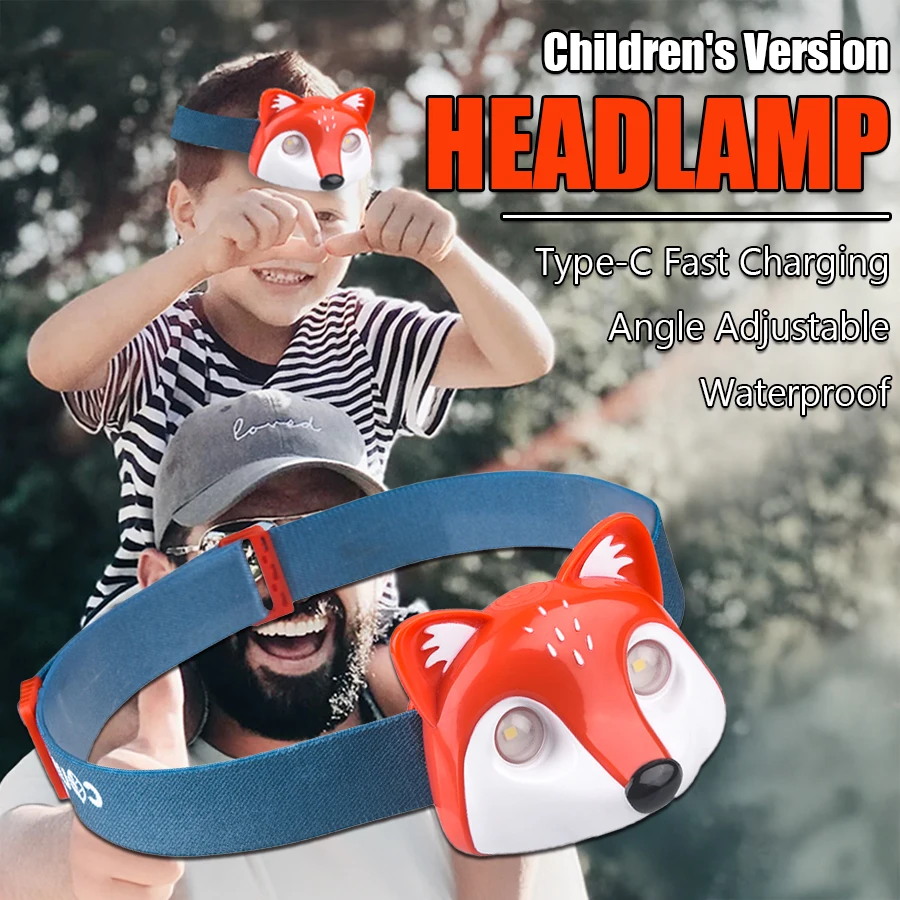 D5 Cute Kid Fox LED Headlamp edc Rechargeable Headlight 3 Modes Head Torch Flashlight Portable Lantern for Outdoor Camping Trips