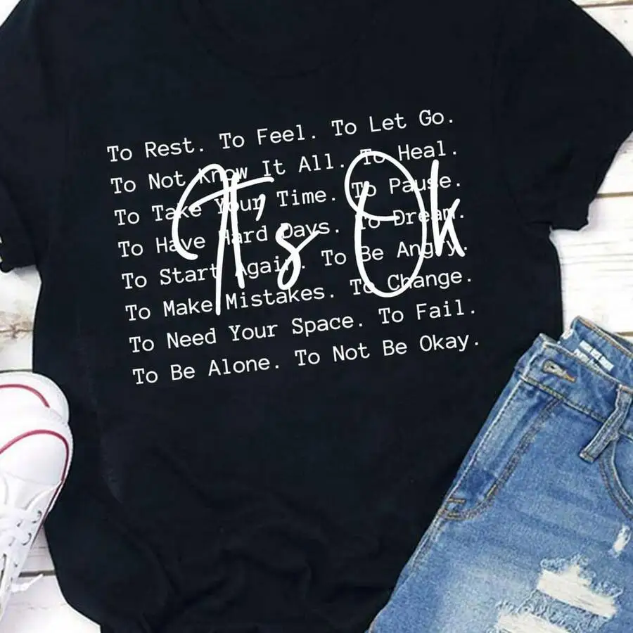 Mixed Font Mental Health Matters T-Shirt Women Positive Self Care List Graphic Tee O Neck Soft Breathable Cotton Top Casual Outfits