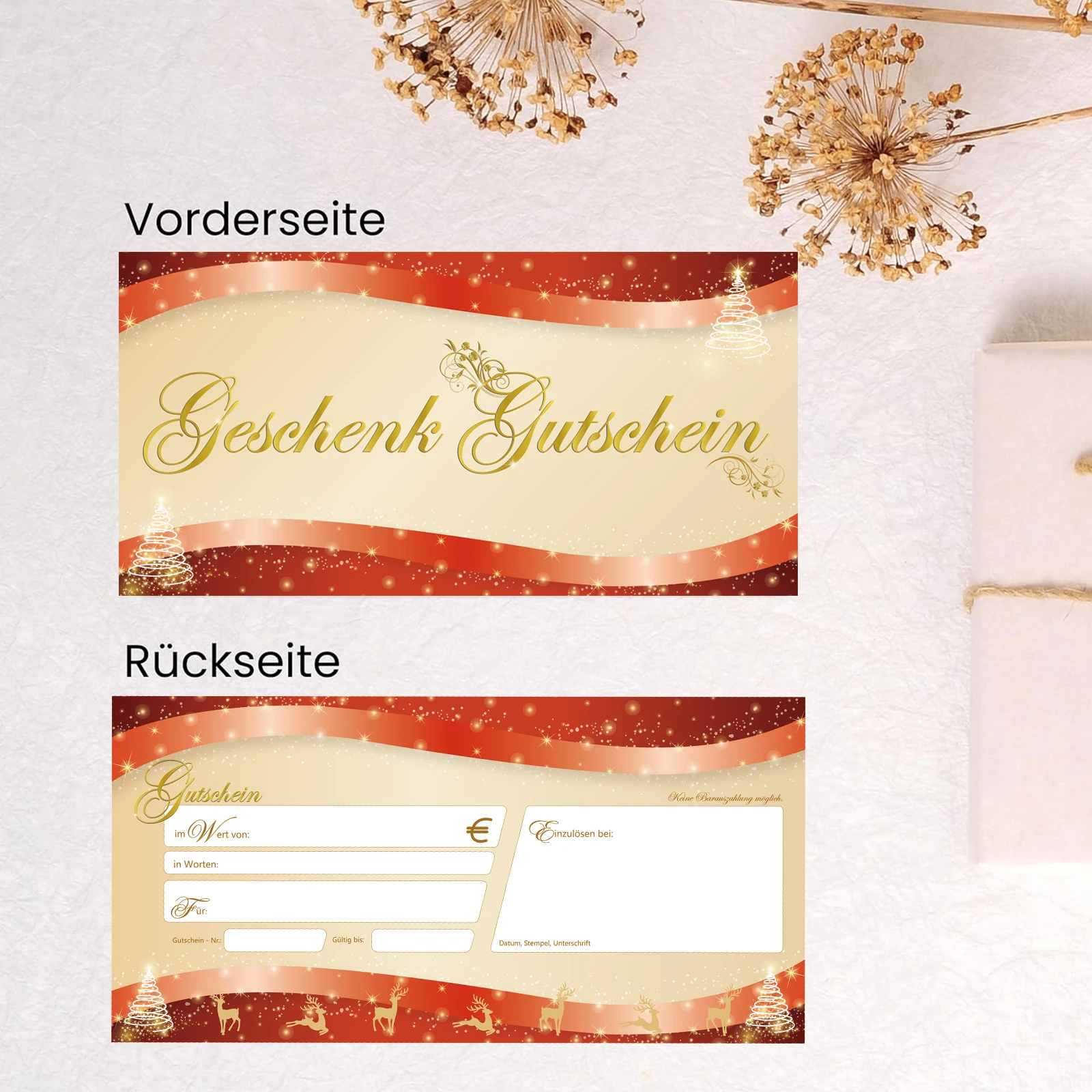 25 قطعة بطاقة هدايا عيد الميلاد خصم بطاقة قسيمة ألوان مائية شجرة عيد الميلاد والغزلان تصميم "Geschek Gutschin" الخط الذهبي، مثالي #2