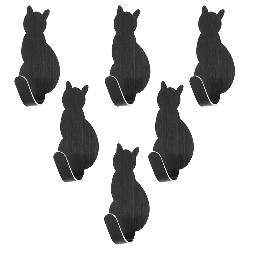 6Pcs Stainless Steel Adhesive Hooks Cat Shape Wall Clothes Hangers for Bathroom Bedroom Kitchen Towel Hat Key Storage Home Decor