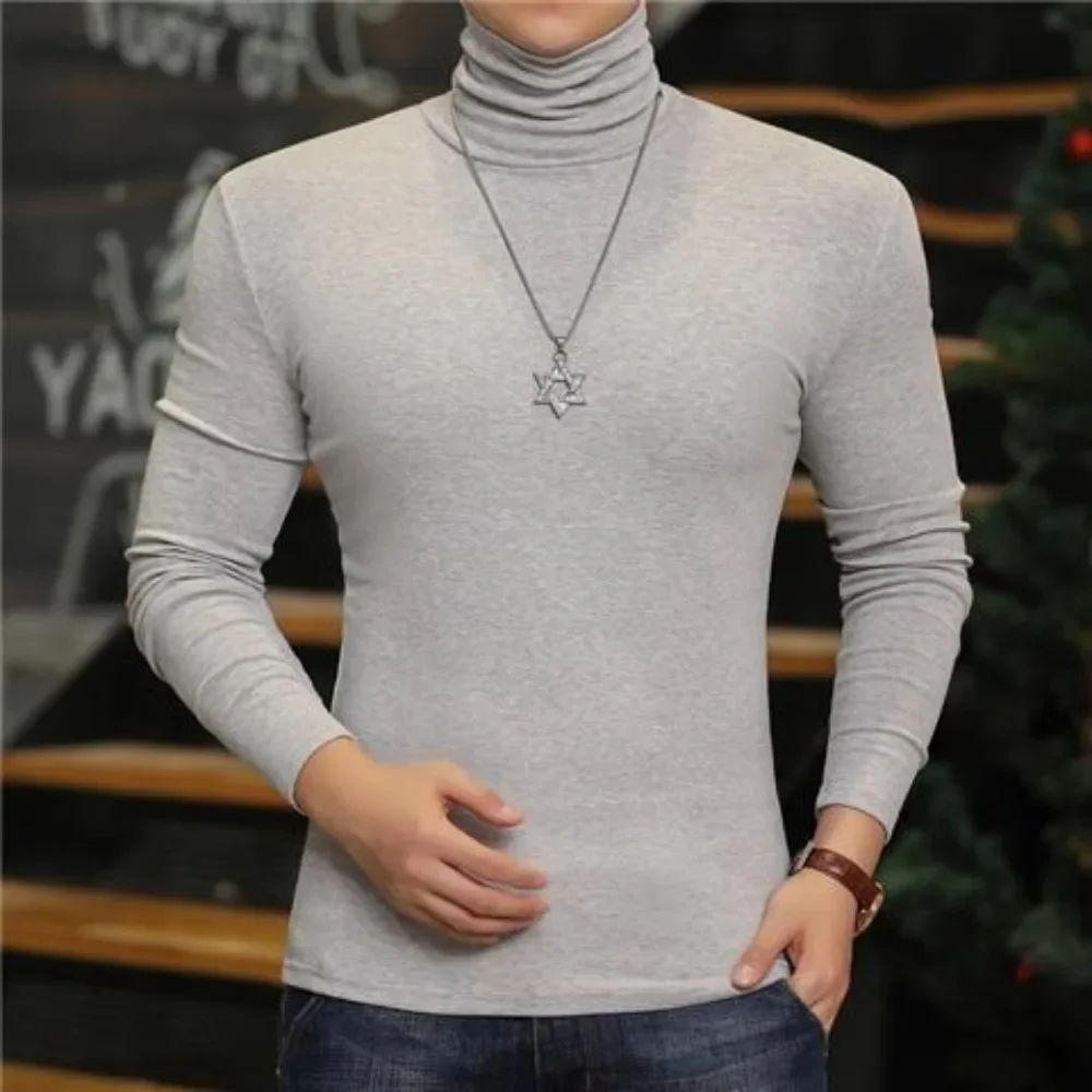 Fashion Men\'s Turtleneck T-Shirts Casual Autumn Winter High Collar New Slim Long Sleeve Stretch Model Undershirt Plus Size Tees