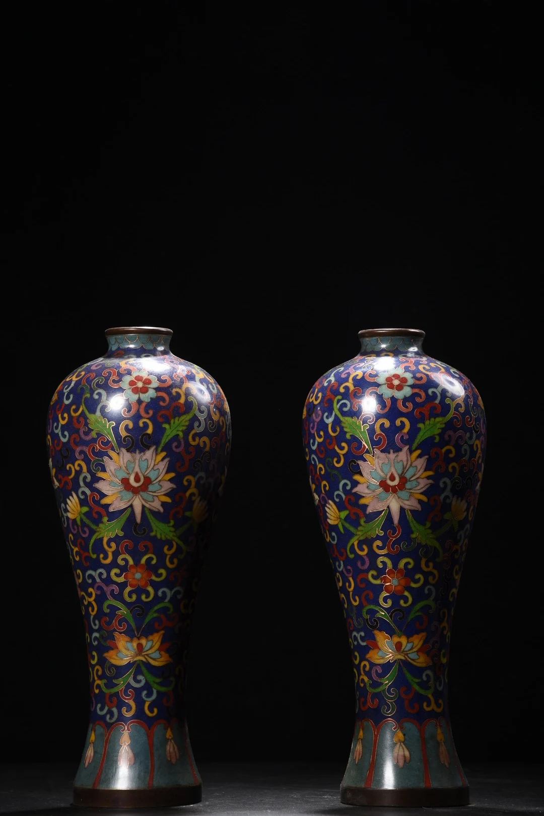 

13"Tibetan Temple Collection Old Bronze Cloisonne Enamel Lotus Texture Plum Bottle Prunus Vase A pair Amass wealth Ornaments