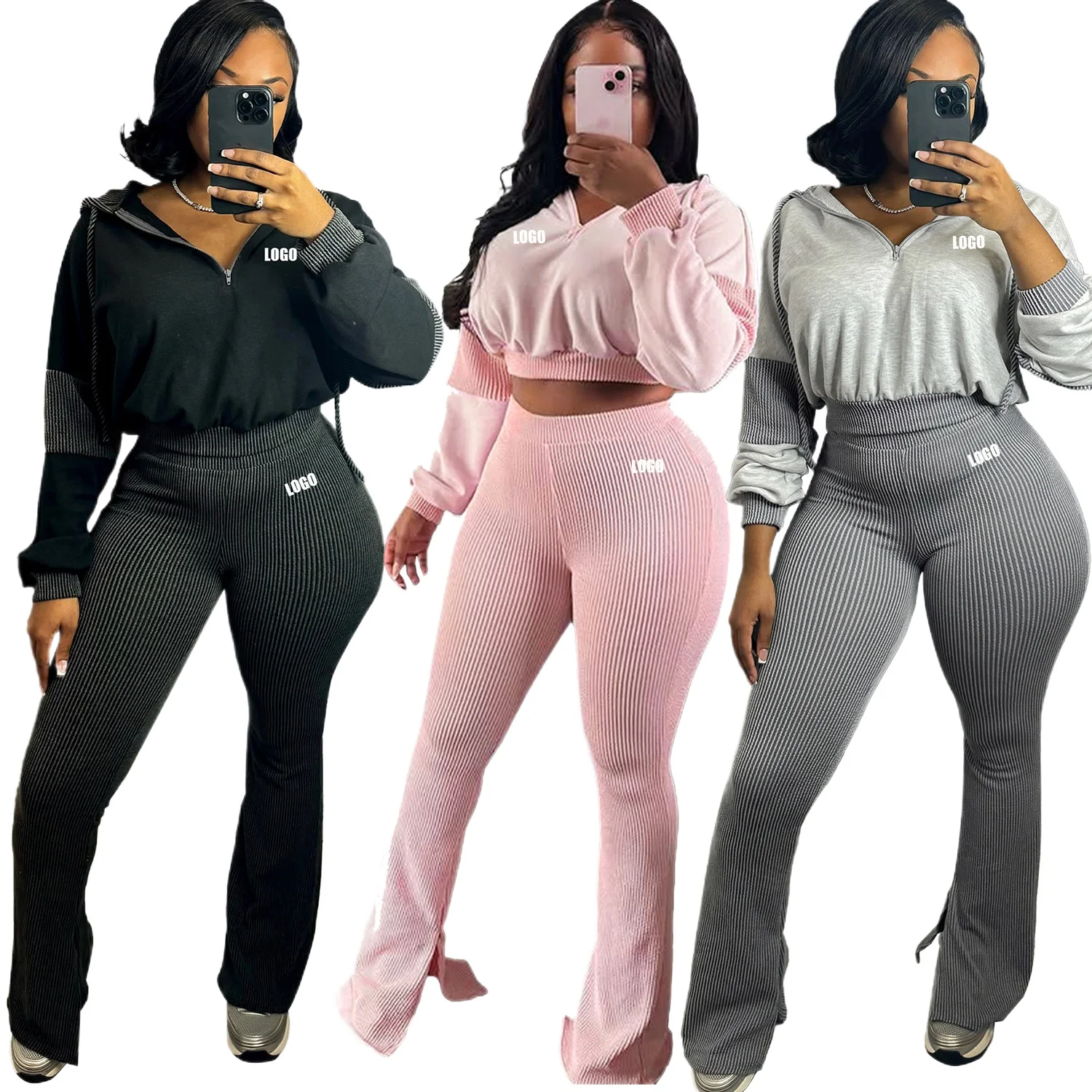 شعار مخصص الملابس النسائية الأوروبية والأمريكية تويست قطاع سترة الربط مقنعين جرس السراويل قطعتين مجموعة