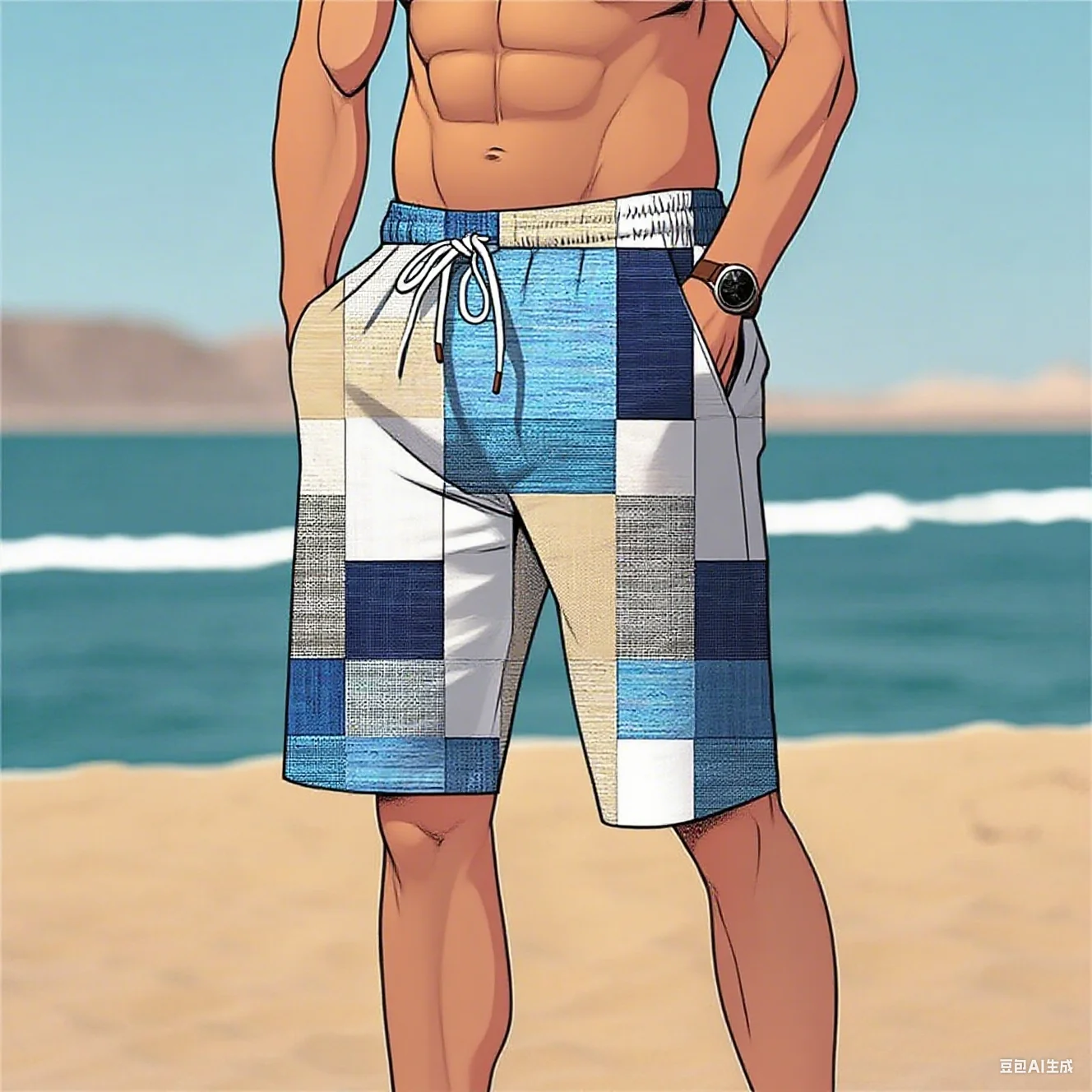 2025 trendy retro patch pattern beach shorts for men, fashionable and casual summer, 3D faux fabric printed swim trunks, loose s