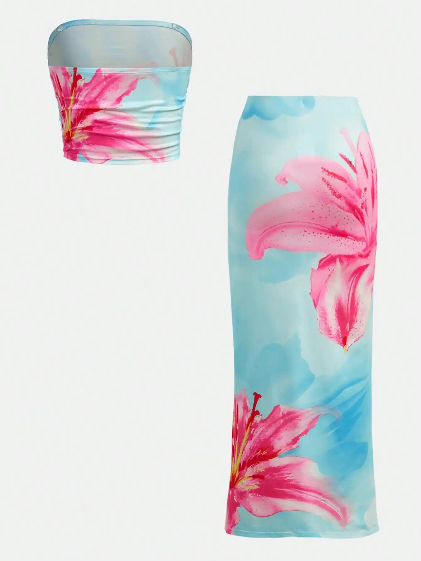 Girlism Light Blue Tween Girls' Summer Floral Print Knit Tube Top & Long Skirt 2-Piece Set,Tropical Vacation Holiday Hawaii Family Matching Outfit,Daily Wear view 2