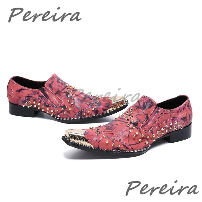 Fashion Rivet Mixed Colors Men's Shoes Summer New Metal Toe Genuine Leather Low Heel Casual Business Shoes Party Runway Shoes