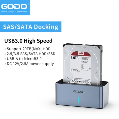 GODO SAS SATA 하드 드라이브 도킹 스테이션 어댑터, 2.5 3.5 인치 USB 3.0 외장 SAS 인클로저, HDD SSD 컨버터, 12V, 2.5A