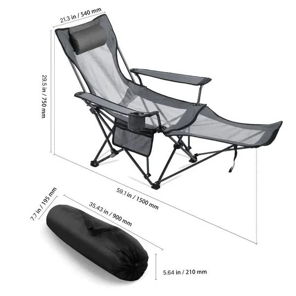 Reclining Camping Chair, 4 Adjustable Positions, Portable Folding Lounger for Adults, Mesh Beach Chair with Headrest & Foot Rest
