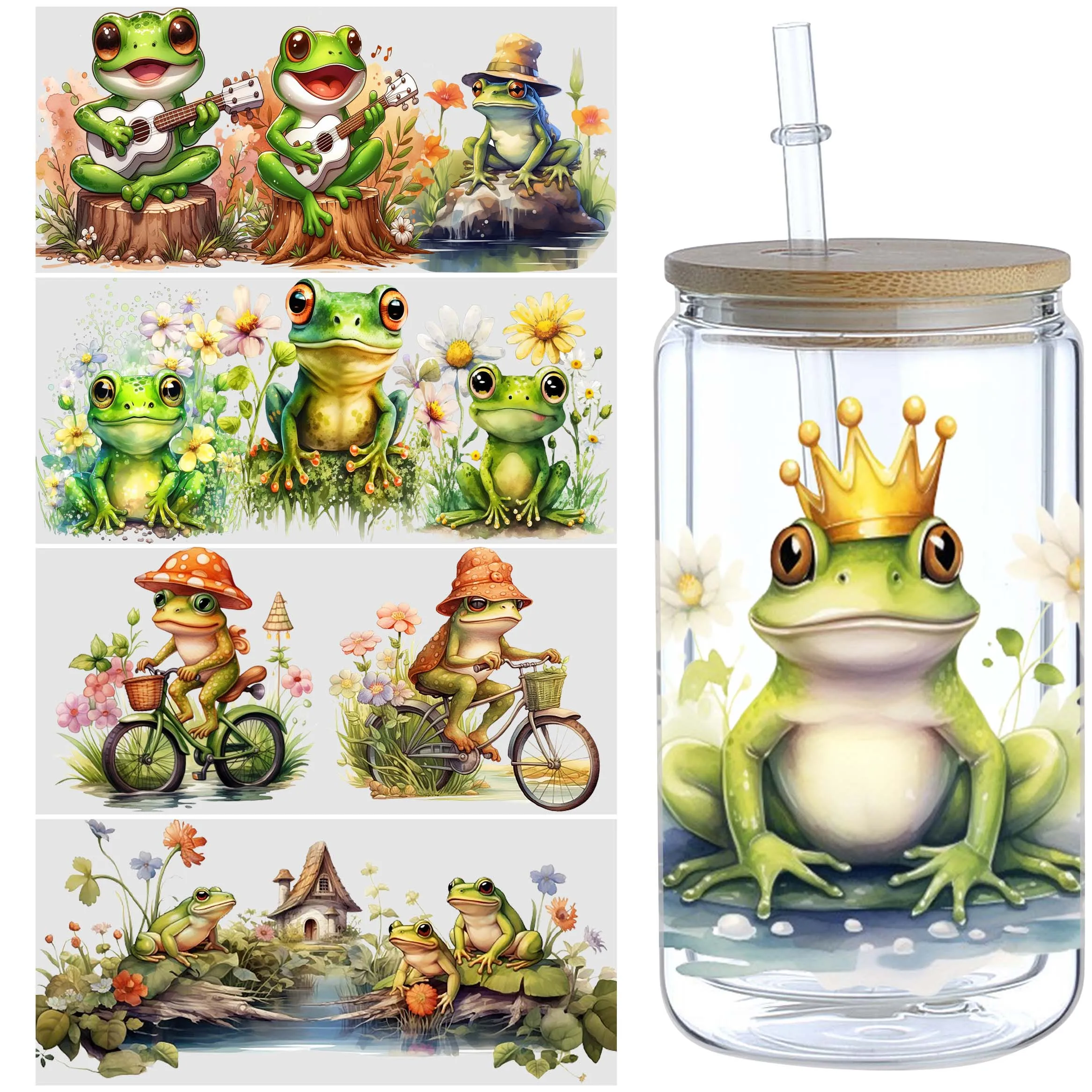 5 Sheet Frog UV DTF Cup Holder 16 oz, Funny Frog DTF Cup Holder Transfer Glass, Water Bottle Waterproof Decal，Furniture Crafts