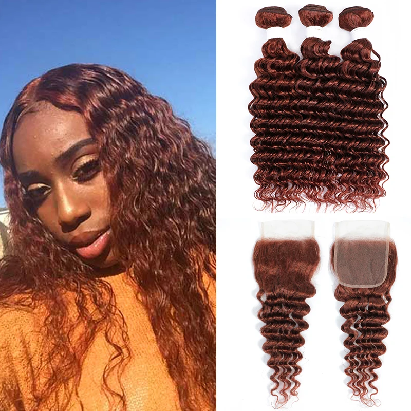 Deep Wave Hair Bundles With Closure Brazilian Human Hair Weave Bundles With Closure Auburn Brown Colored Remy Hair Bundle