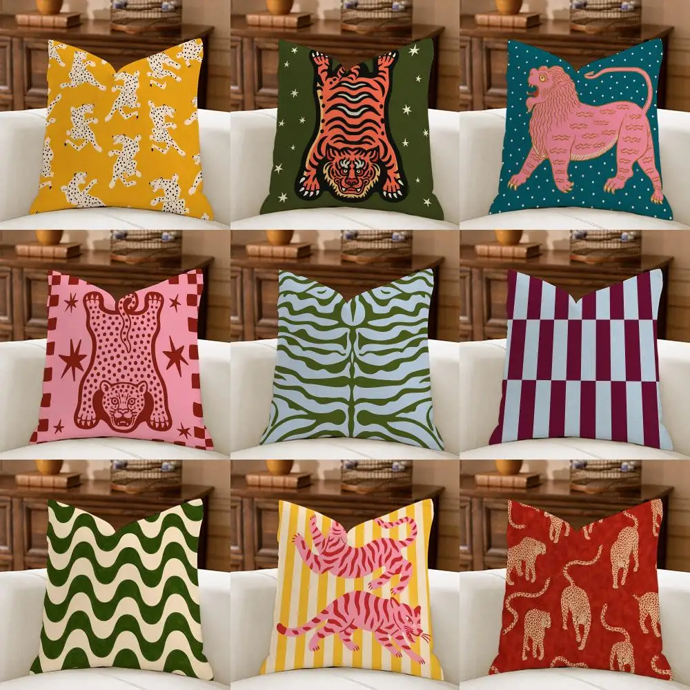 Tiger Leopard Lion art Cushion Cover Natural Breathable Durable Linen Printed Decor Pillow Case Sofa Bedroom