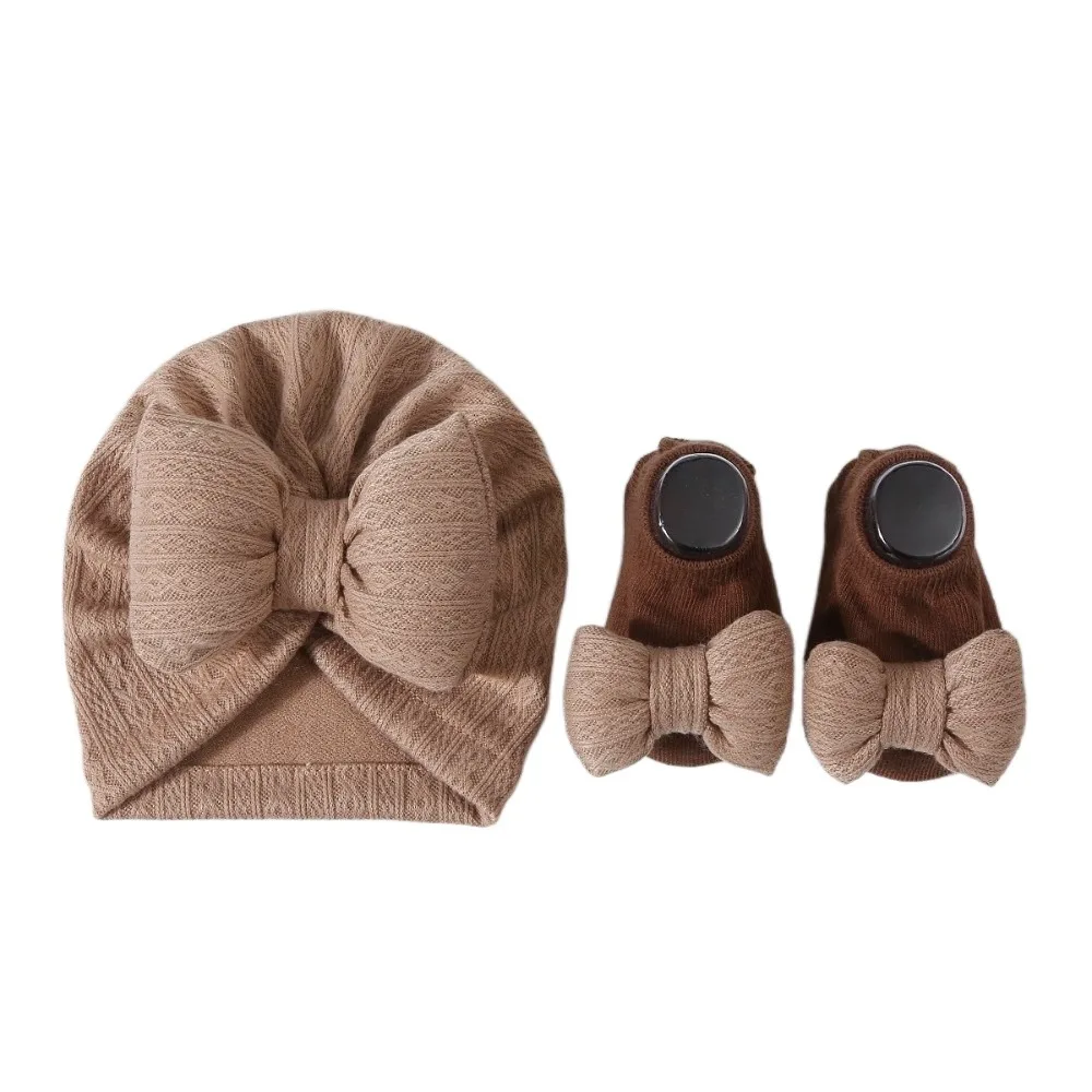 

3Pcs/Set Cute Bow Baby Hat Socks Set Cotton 0-12 Months Baby Fetal Cap Solid Color Keep Warm Newborn Turban Hat Autumn