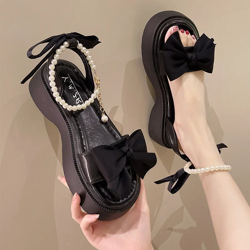 Beige Heeled Sandals Fashion Womens Shoes 2025 Black Clogs Luxury Comfort Flat Retro Clear New Lace Up Summer Bow Girls