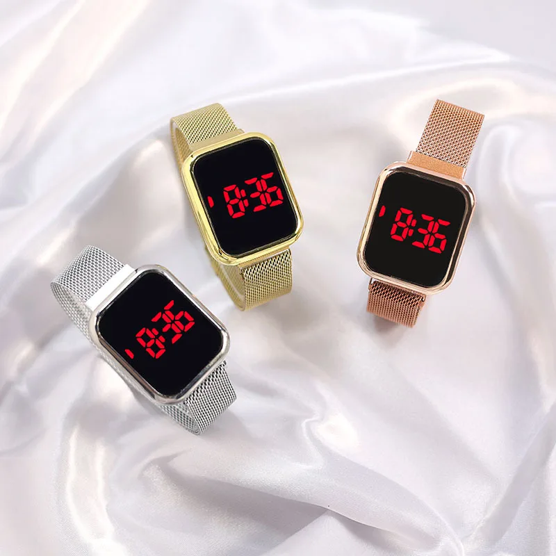Простые цифровые часы для женщин, роскошные светодиодные часы с магнитным металлическим сетчатым ремешком, спортивные модные женские электронные часы