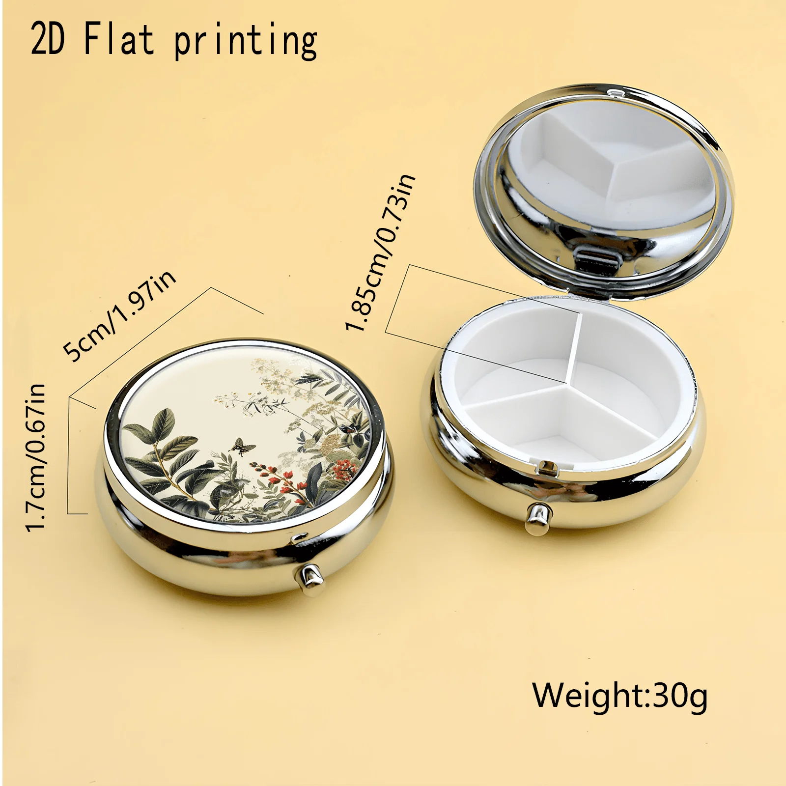 Vintage Plant and Butterfly Circular Illustration Pattern, Round Three-Compartment Small Medicine Box, Portable Medicine Storage, Small Jewelry Storage, Suitable for Handbags or Travel, Holiday Gifts, Souvenirs, Prizes, Small Gifts, Suitable for Personal Use or as an Exquisite Gift Option