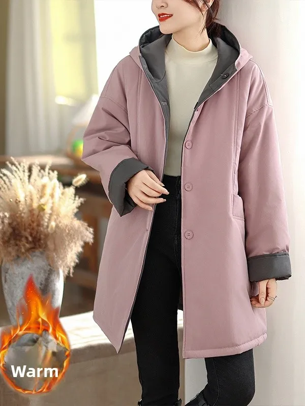 

Женское хлопковое пальто-джато с длинным капюшоном, свободная повседневная двусторонняя одежда, прямая трубка Long Sve