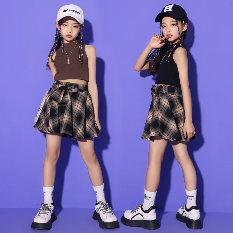 Kids Performance Hip Hop Clothing Crop Tank Vest Checkered Shorts Skirt for Girls Teenage Jazz Kpop Dance Costumes Clothes