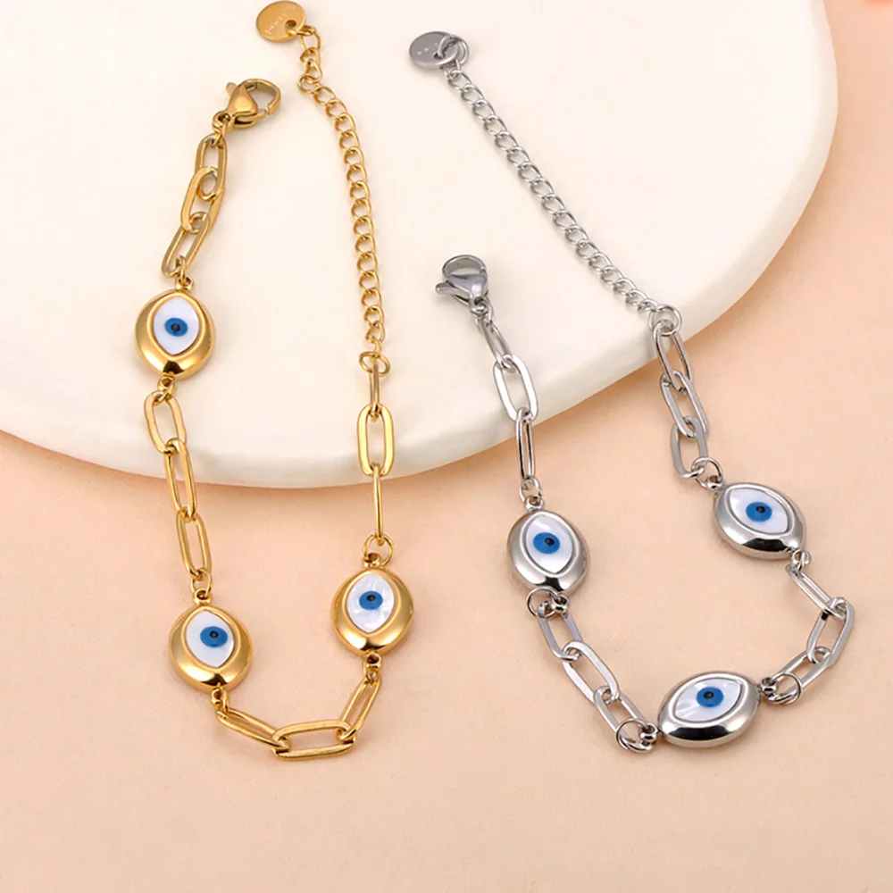 JeeMango Stainless Steel Chain Link Blue Eyes Bracelet for Women 18K PVD Plated Waterproof Fashion Jewelry Unisex New In JB25023