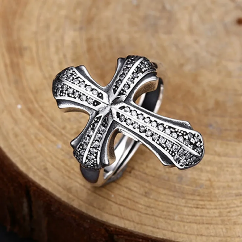 NEW S925 Sterling Silver Ring Retro Trendy Personality Zircon Cross Open Ring Couple Gift