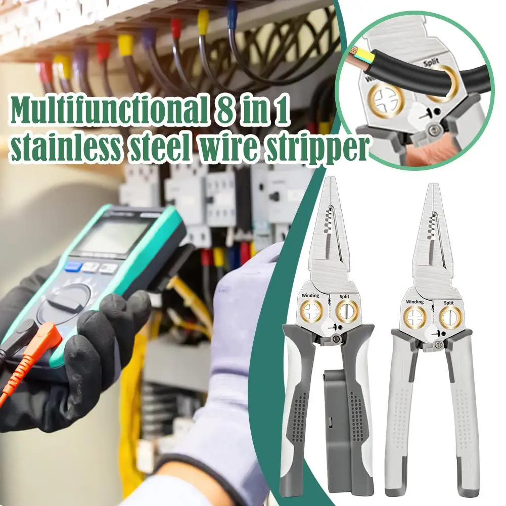 8 in 1 Multifunctional Stainless Steel Wire Strippers Wire Cutting Pliers Cutting Cable Scissors Hand Tool