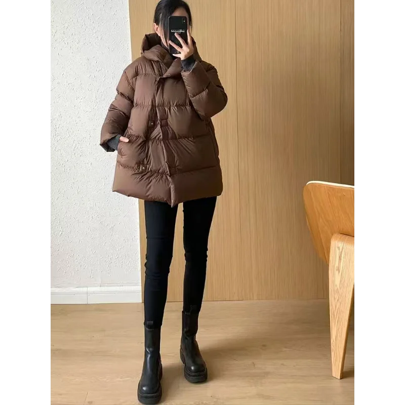 Korean Puffer Coats Simple Feather Coats Casual Loosely Parka Hooded Mid-length Solid Down Jackets Windproof Warm Women Jacket