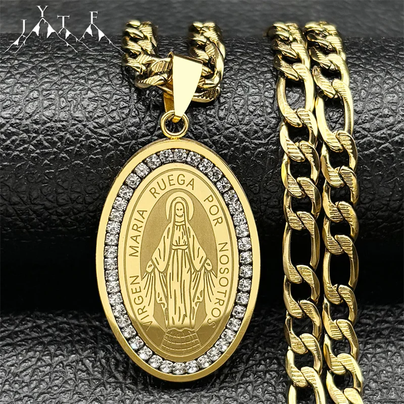 

Virgin Maria Catholic Pendant Necklace for Women Men Stainless Steel Gold Color Our Lady of Guadalupe Hip Hop Chain Jewelry