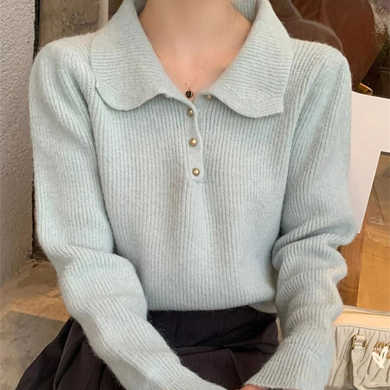 2026 Chic Turn Down Collar Knitted Sweaters Women Button Up Solid Color Sweater Pullovers Woman Korean Long Sleeve Jumpers Mujer
