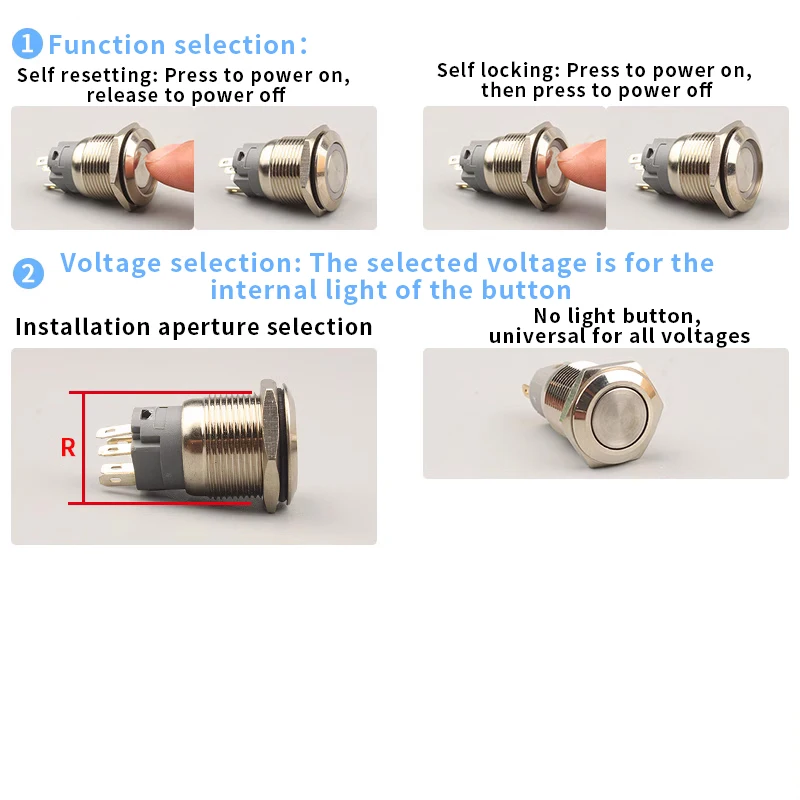 16/19/22mm screw foot self-locking/self resetting short stroke mini waterproof metal button switch power LED light 5/12/24/220V1