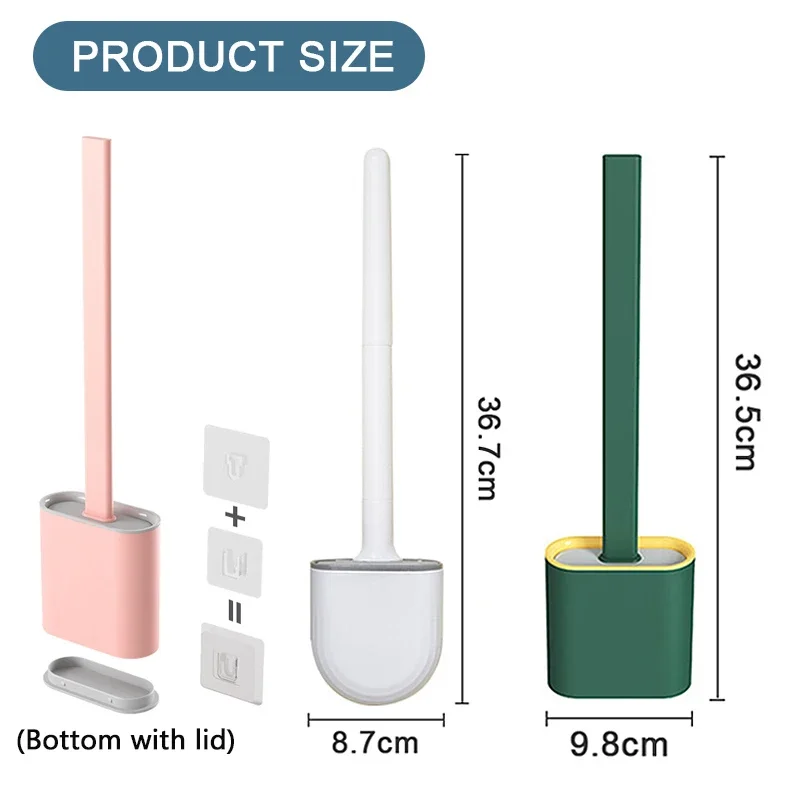 Silicone Toilet Brush with Holder, Flat Head, Flexible, Soft Bristles, Wc Cleaner, No Dead