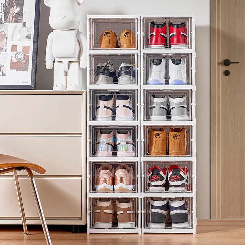 Foldable Shoe Storage Box Transparent Sneaker Shoes Box Stackable Dustproof Cabinet Shoe Organizers Rack Shelf