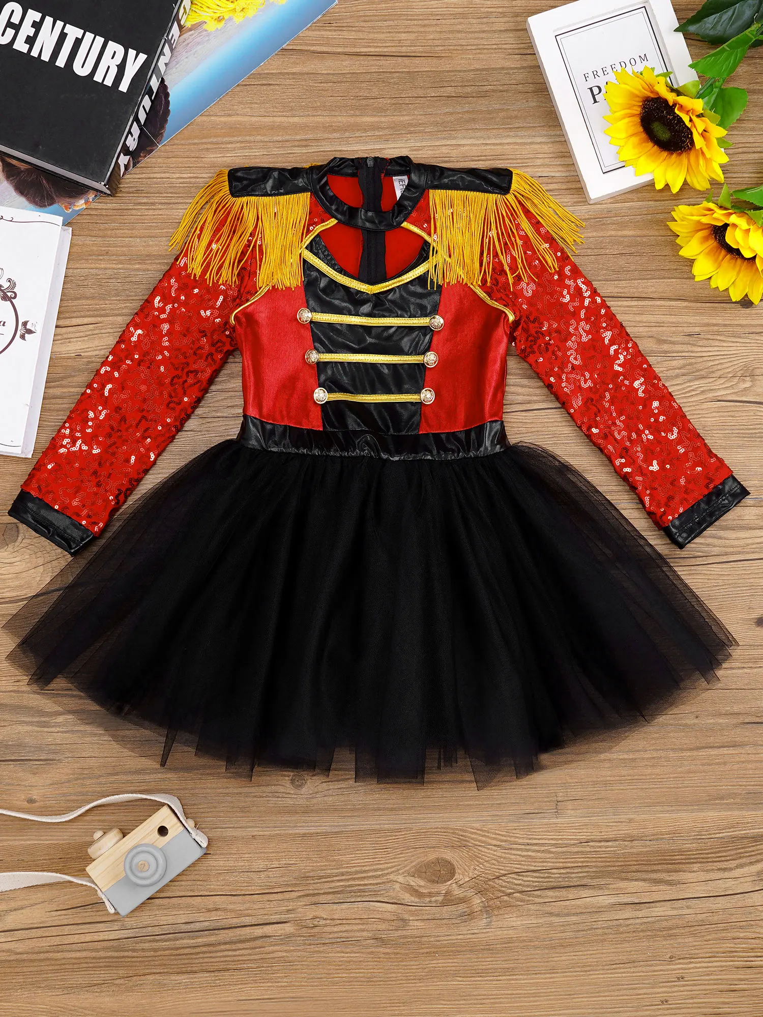 Kids Girls Circus Magician Costumes Long Sleeve Sequin Tassel Epaulet Tutu Skirt Built-in Brief Stage Garment Halloween Outfit