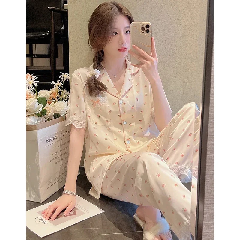 Elegant Flowers Print Three-piece Pajamas for Women Simulated Silk Classic Female Casual Lounge 2024 New Spring Lady Sleepwear