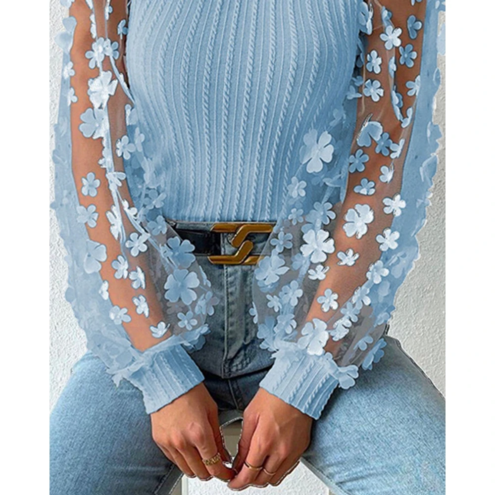 Women Sheer Mesh Floral Decor Long Sleeve Blue Tops Female O-Neck Fall Spring Casual Ribbed T Shirt y2k Streetwear Tees Clothes