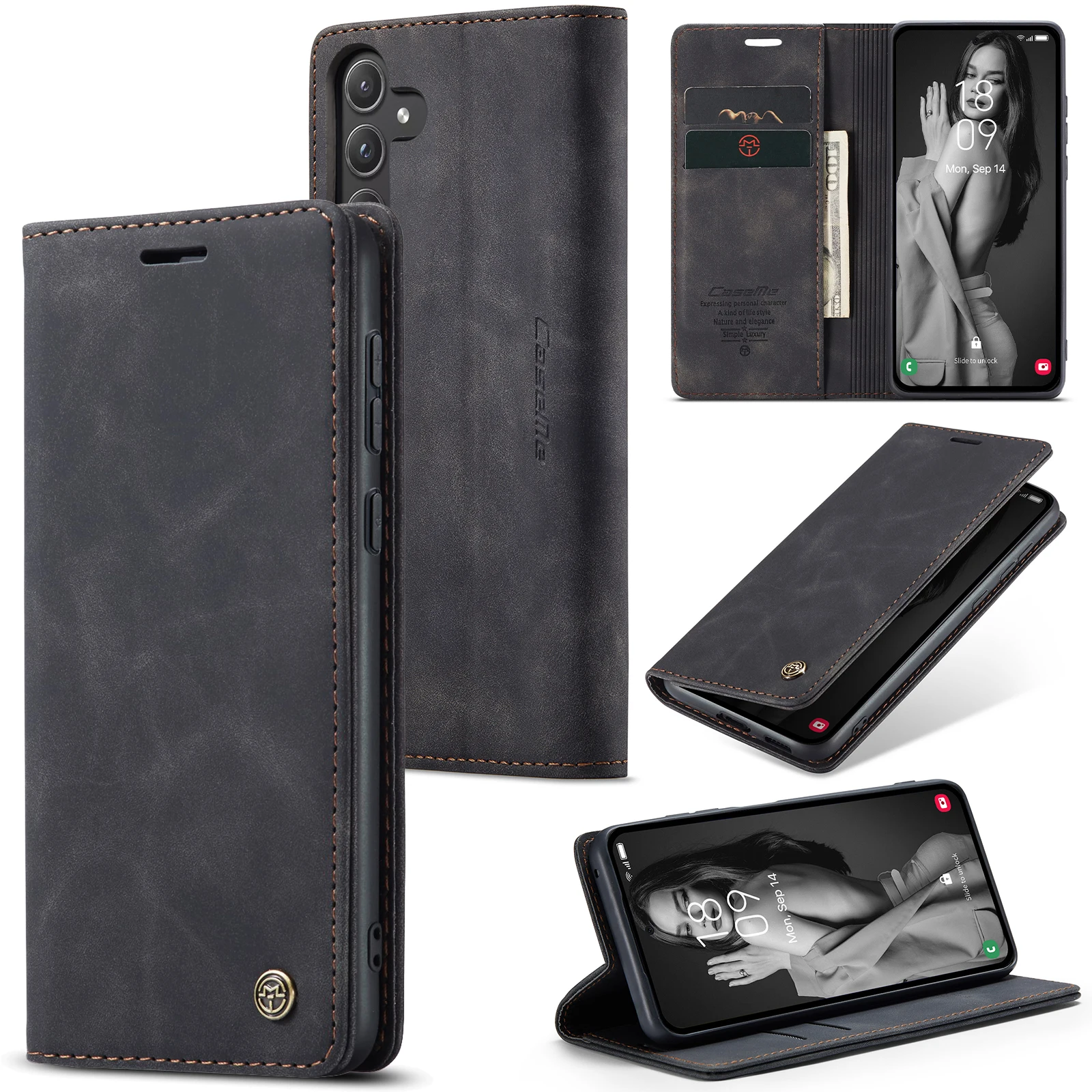 

CaseMe Shockproof Retro Leather Card Holder Wallet Case for Samsung Galaxy A55 A54 5G A53 A33 A35 A14, Slim Flip Kickstand Cover