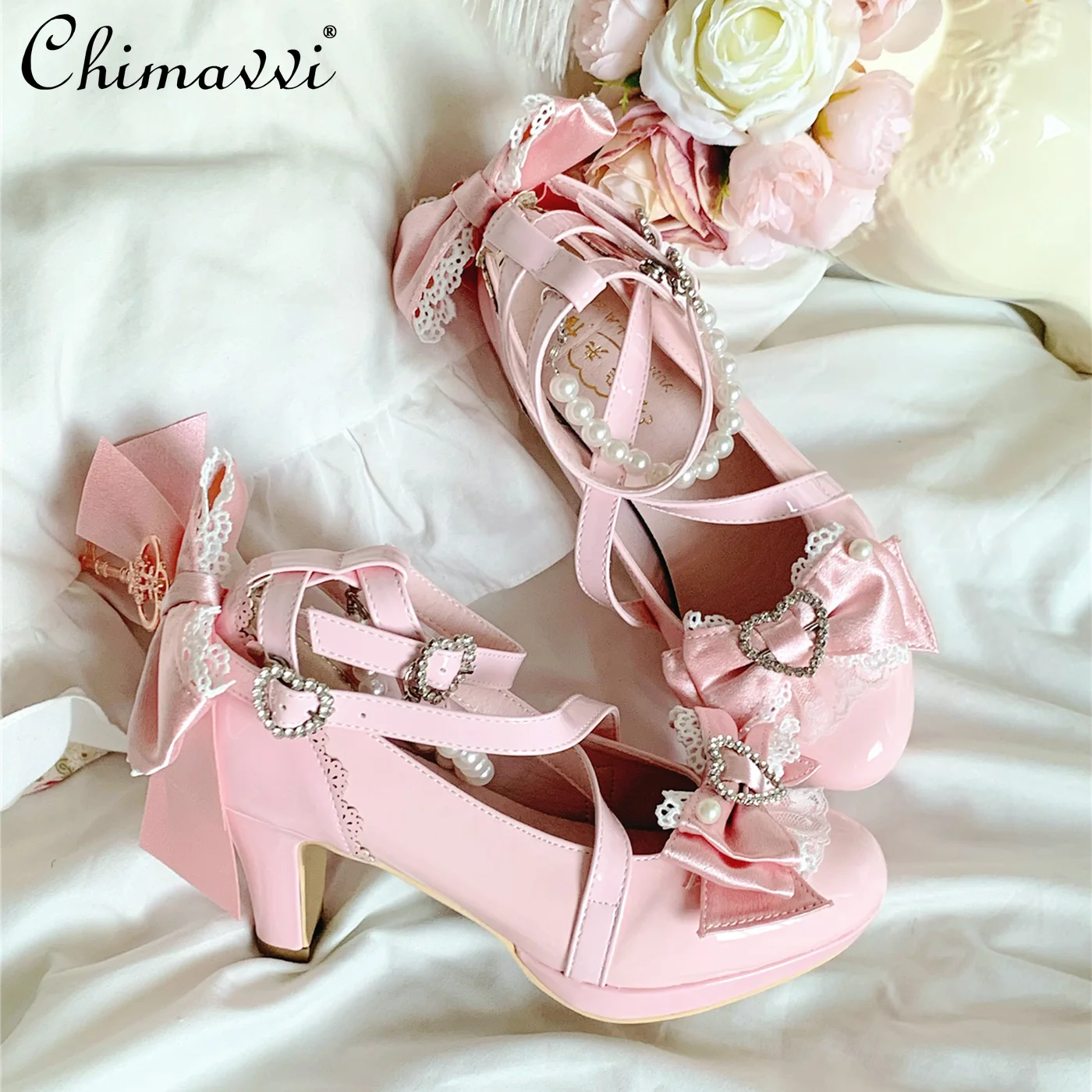 

Original Girl Pointed Toe Waterproof Platform High Heels Japanese Vintage Sweet Bow Lace Elegant Lolita Princess Pumps Shoes