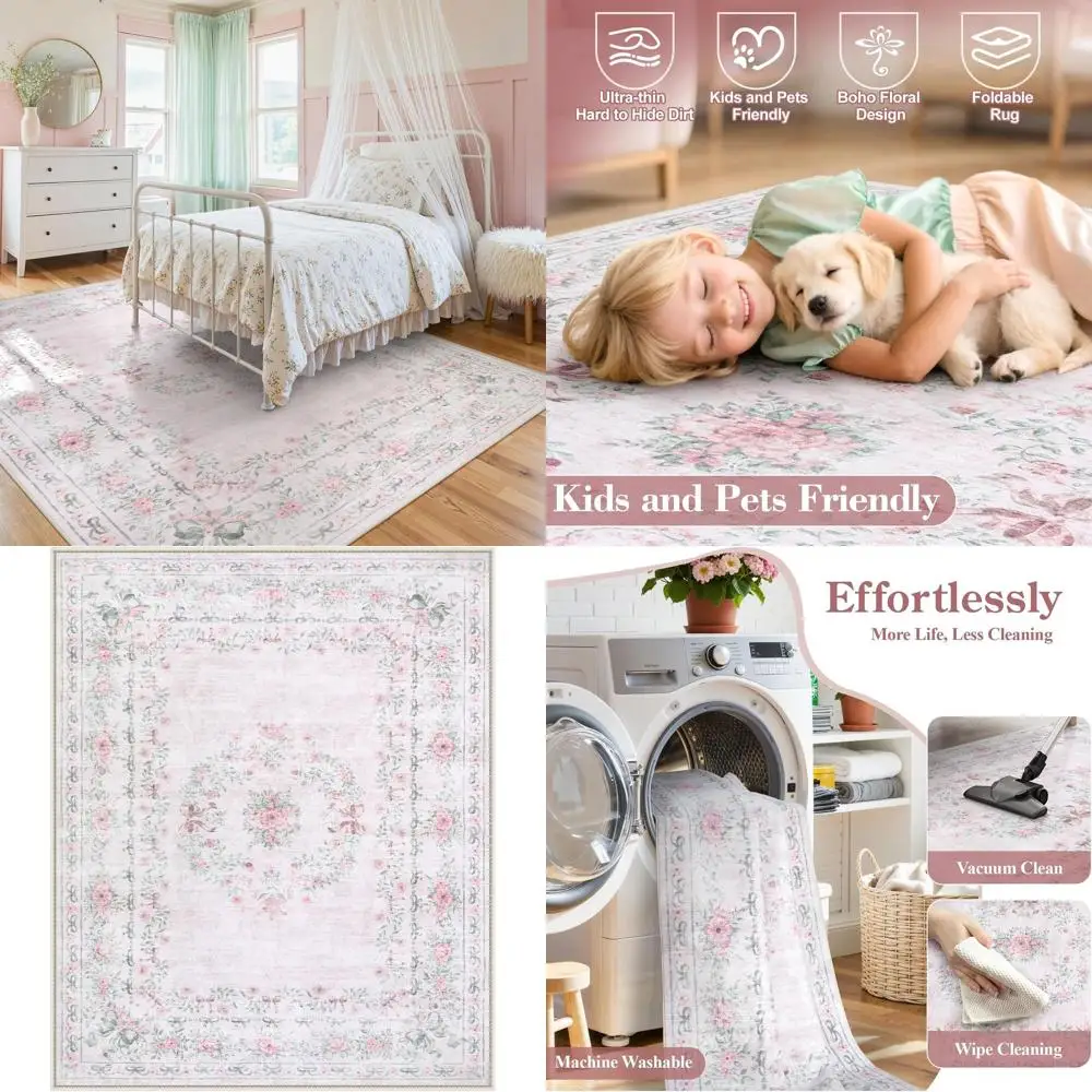 8x10 Light Pink Floral Bow Rug, Washable Soft Boho Style for Girls' Bedroom, Kids' Room, and Nursery